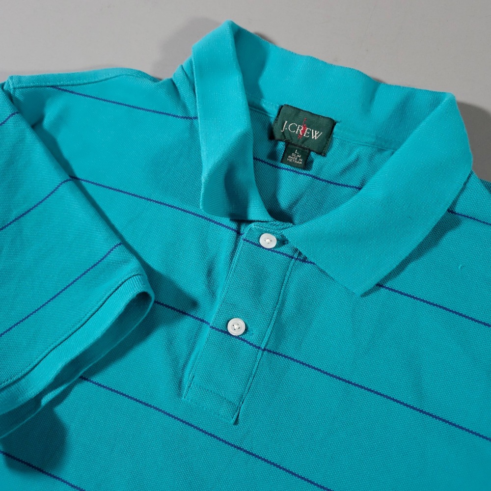 J.Crew Polo Shirt Mens Large L Teal Blue Striped‎ Slim Fit Cotton Oarsman